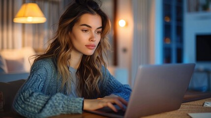 A dedicated woman with long wavy hair is working on her laptop in a cozy room with warm lighting, concentrating on her task amidst a comfortable and stylish setting.