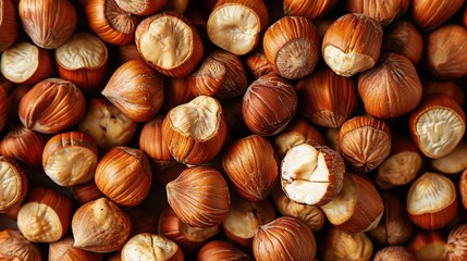 Obraz premium A detailed image of numerous hazelnuts, showing both whole nuts and broken shells, highlighting the texture and natural patterns of each nut in a tightly packed arrangement.