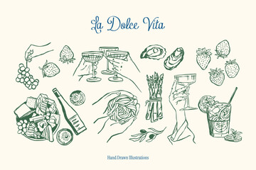 Minimalist hand drawn food and beverages vector illustration collection. Art for greeting cards, wedding invitations, poster design, postcards, branding, logo design, background. Matisse style.