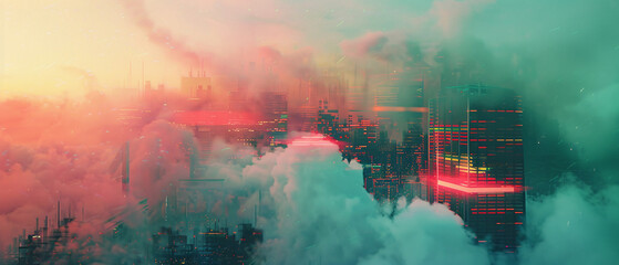 Abstract futuristic cityscape featuring neon lights and dense fog, creating a vibrant and surreal atmosphere in a modern metropolis.
