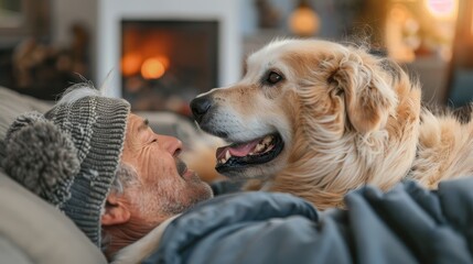 A heartwarming scene of an elderly man wearing a knitted cap sharing a tender moment with his golden retriever, embodying love, companionship, and warmth in a cozy home.