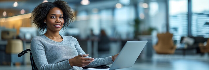 African American woman in wheelchair working on a laptop in a modern office. Business environment, technology usage, remote work. Concept for productivity, inclusivity, International Day of Persons wi