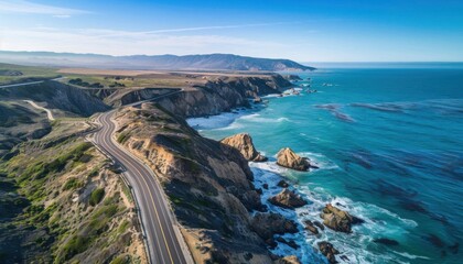 A birds eye view of a winding coastal road with dramatic ocean views and cliffs, under a clear blue sky, shot with a DJI Mavic Air 2, 35mm lens, vibrant colors