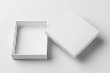 Open Box Mock Up. Blank Flat Square Gift Box with Hinged Flap Lid for Advertising on White Background