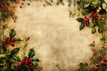Old Fashioned Christmas Background. Festive Winter Greenery Border with Red Holly Accents
