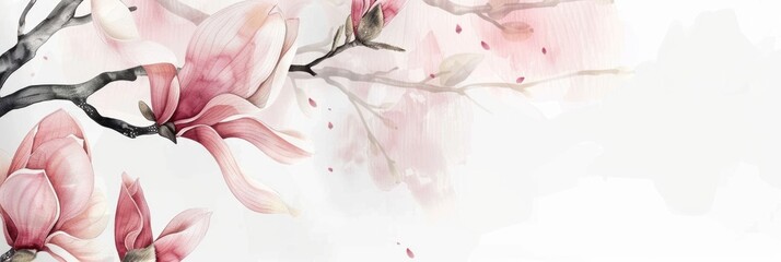 Wedding Program Template. Elegant Floral Invitation Card Design with Pink Watercolor Magnolia Liliiflora Flowers