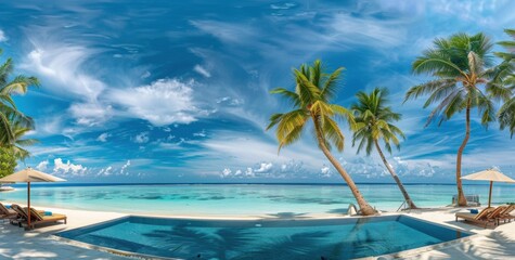 A panoramic view of the turquoise blue sea and white sandy beach, with palm trees swaying in the breeze at an elegant resort hotel near Maldives island Generative AI
