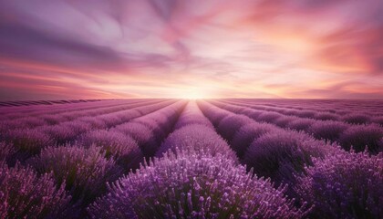 A low angle shot of a tranquil lavender field at sunset, with rows of purple flowers stretching to the horizon, shot with a Canon EOS1D X Mark III, 28mm lens, pastel tones