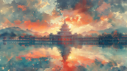 Serene Japanese Painting of Wat Tha Sung with Glittering Glass Halls in Soft Tones