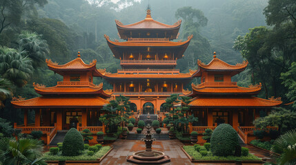 Naklejka premium Serene Chinese-style Painting of Wat Pa Ban Tat Forest Monastery with Lush Greenery