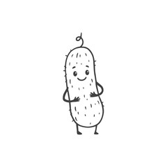 Cute cucumber, cartoon character. Vegetable, outline illustration. Cucumber in doodle style. Food illustration for kids. Coloring book. Vector