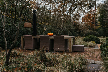 Outdoor patio setting in autumn