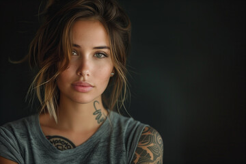 Caucasian woman with tattoo on black background.
