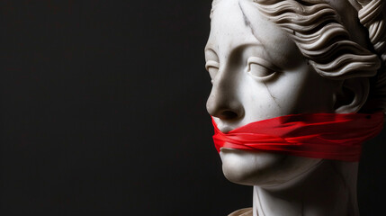 Ancient Greek woman face with red tape on mouth against black background censored censorship
