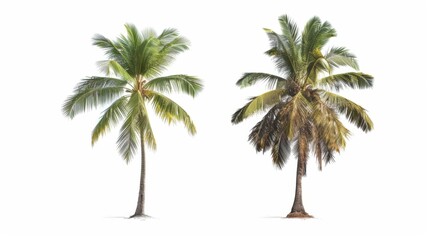 A single palm tree with healthy green fronds is situated beside another palm tree with aged and slightly withered fronds, evoking a contrast between vitality and age.