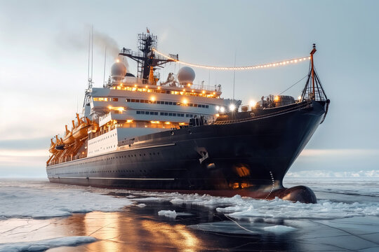 A majestic black ship remains stranded in icy waters during dusk with its lights glowing, creating an aura of mystery, adventure, and striking beauty against the frozen backdrop.