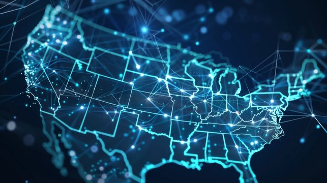 A detailed map of the USA with a digital network overlay, displaying glowing nodes and lines connecting various locations across the country, signifying connectivity and technology.