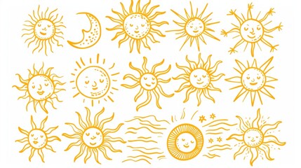 A collection of charming yellow sun illustrations, each with unique and expressive faces, depicting various moods and emotions. The artwork radiates warmth and positivity.
