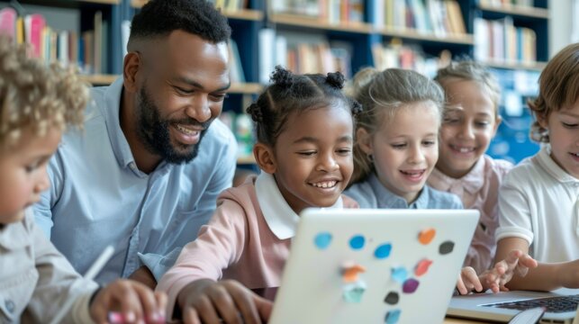 A male teacher oversees a group of diverse students as they engage in educational activities on their laptops within a bright and well-resourced classroom filled with books.