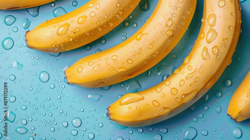Poster a detailed close-up of five fresh bananas with water droplets displayed on a blue surface, highlight