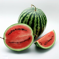 a whole watermelon and a few slices isolated on white background. top of views.