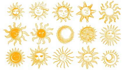 This image presents an array of detailed, artistic sun illustrations, each with unique facial expressions and designs, drawn in a warm yellow hue, showcasing creativity and diversity.