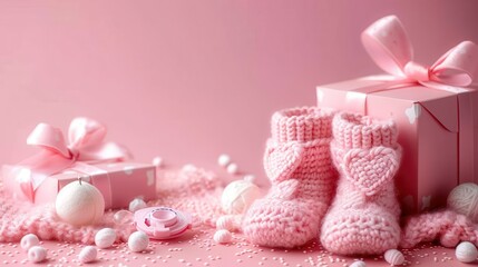 Adorable pink knitted baby booties with gifts and other baby items on a pink background, representing the joy and tenderness of welcoming a new baby.