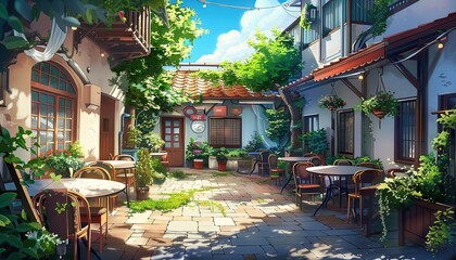 Obraz premium Courtyard Cafe With Brick Pathway and Greenery in Japan, cartoon