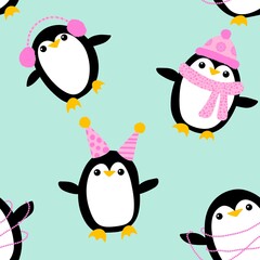 Cartoon festive animals seamless birthday decor and penguin pattern