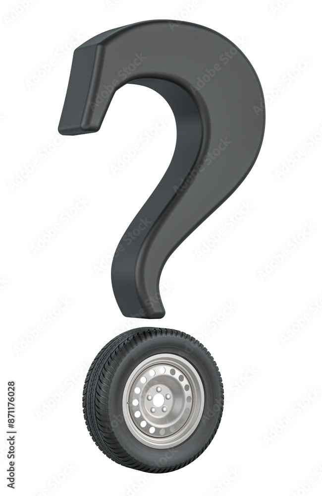 Poster question with car wheel, 3d rendering isolated on transparent background