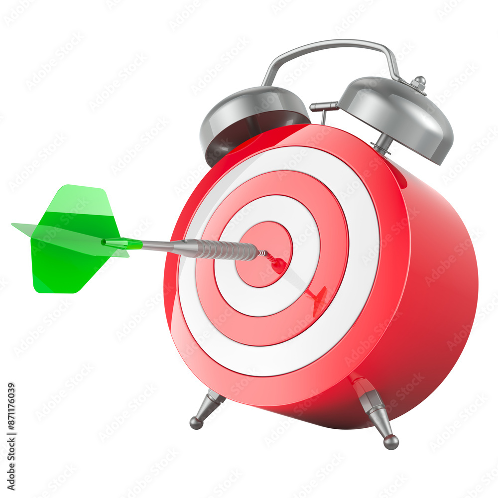Poster alarm clock with target and darts arrow in bullseye, 3d rendering isolated on transparent background
