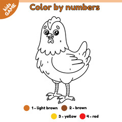 Kids game Color by numbers with cartoon farm chicken. Page of the coloring book with cute hen. Activity book for preschool and school children. Outline vector illustration of the funny farm bird.
