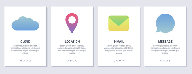 Set of banners with technology icons - cloud, location, email and message. Mobile application advantages. Tag, pin. Envelope or letter. Bubble chat. Interface. Gradient colors. Vector illustration