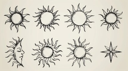 A series of vintage hand-drawn sun and moon illustrations on a beige background, expressing the timeless beauty and classic artistry of celestial themes.