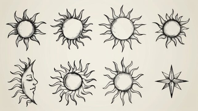 A series of vintage hand-drawn sun and moon illustrations on a beige background, expressing the timeless beauty and classic artistry of celestial themes.