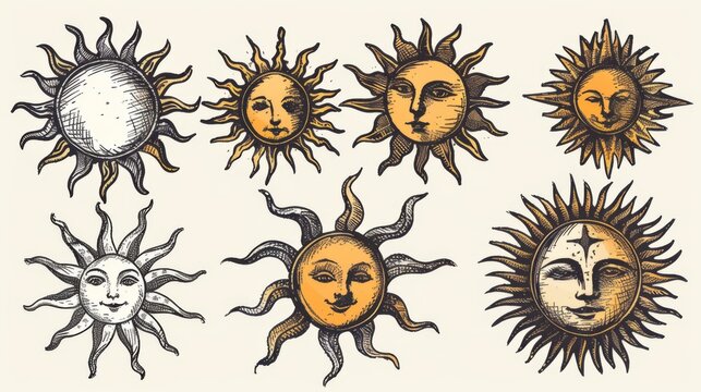 This image features an array of intricately detailed sun sketches, each displaying different facial expressions and unique artistic styles, emphasizing diversity and creativity.