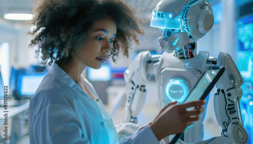 Poster in a futuristic lab, humans and robots collaborate, engaging in complex activities in a hightech env