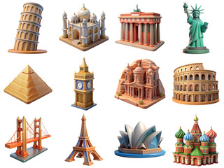 Collection of world most famous landmarks 3d icons. Travel concept