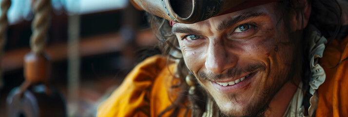 Obraz premium Caucasian man in pirate costume smiling and laughing in pirate ship.