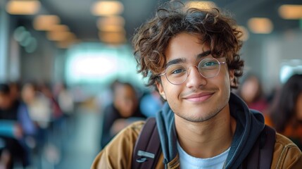 A young student with curly hair and glasses, dressed casually with a backpack, is in a library surrounded by other students focused on their tasks, creating a calm atmosphere.