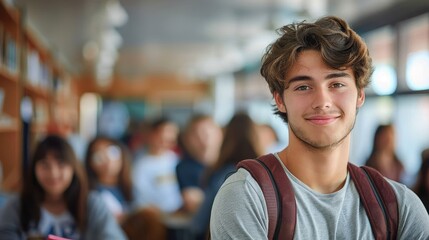 A thoughtful young student with a backpack, wearing casual attire, stands in a crowded school hallway creating an ambiance of contemplation and focus amid the bustling surroundings.