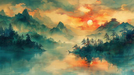 Tranquil Serenity: Ancient Chinese Style Painting of Bodh Gaya with Mystical Aura