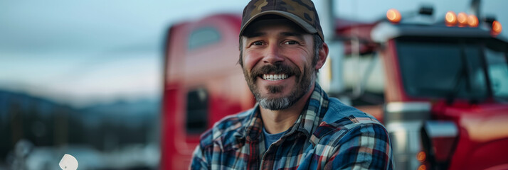Caucasian truck driver smiles with confidence driving truck.