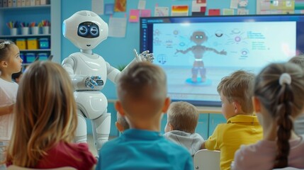 A futuristic classroom where a friendly robot teaches young children about technology, showcasing advanced educational tools and high engagement in a dynamic learning environment.