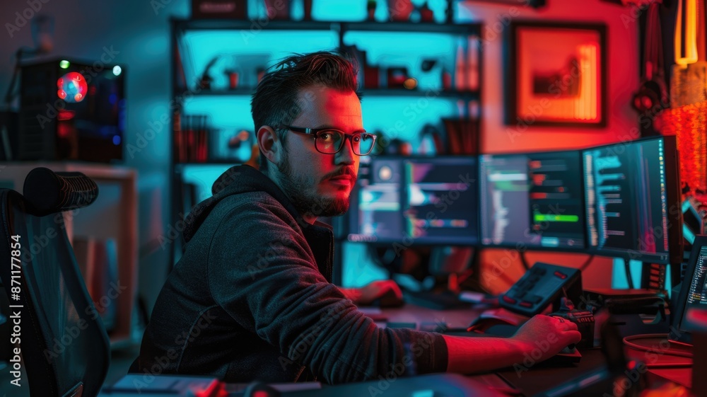 Poster being a software developer involves working on multiple monitors with a focus in a modern office env