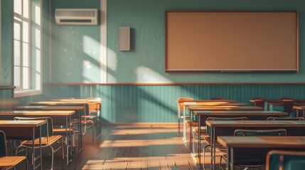 A modern classroom with neatly arranged desks and chairs, sunlight streaming through large windows, creating a bright and inviting learning environment.