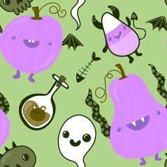 Halloween pumpkins seamless ghost monsters pattern for wrapping paper and fabric