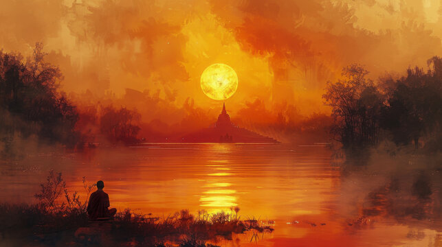 Tranquil Serenity: Ancient Chinese-style Painting of Bodh Gaya with a Mystical Aura