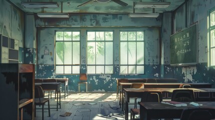 An anime-style classroom with sunlight streaming through the windows, creating a serene and nostalgic atmosphere with worn-out elements that blend reality and animation seamlessly.