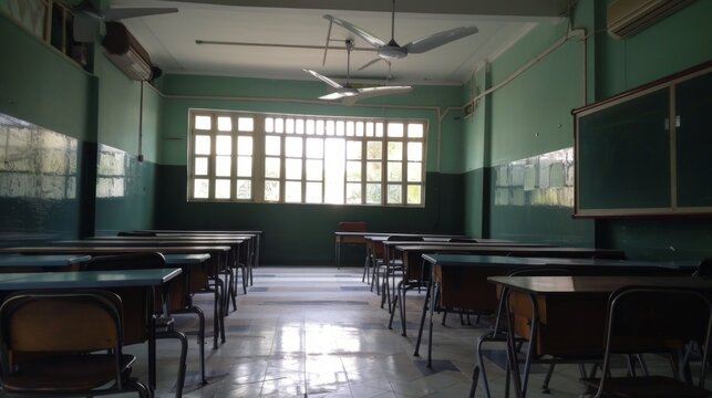 A contemporary classroom characterized by green walls, large windows allowing ample natural light, and aligned empty desks and chairs awaiting the arrival of students.